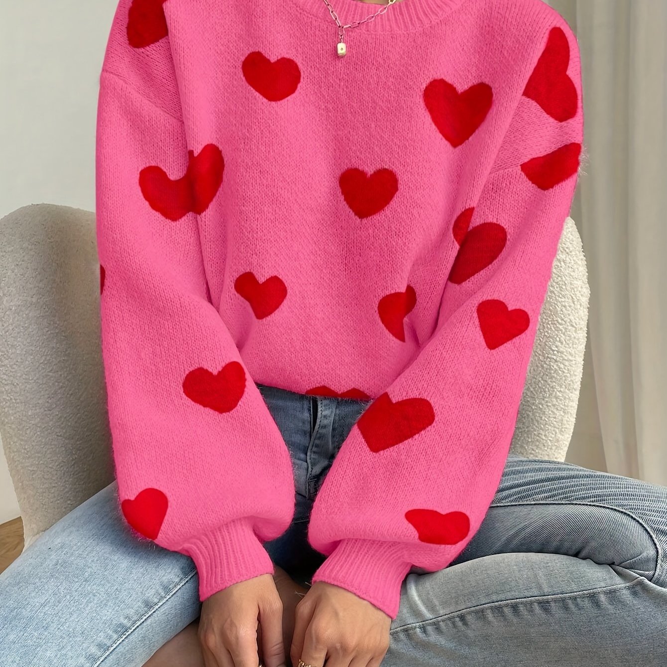 Sara | Pink Sweater Featuring Red Heart Design and Round Neckline