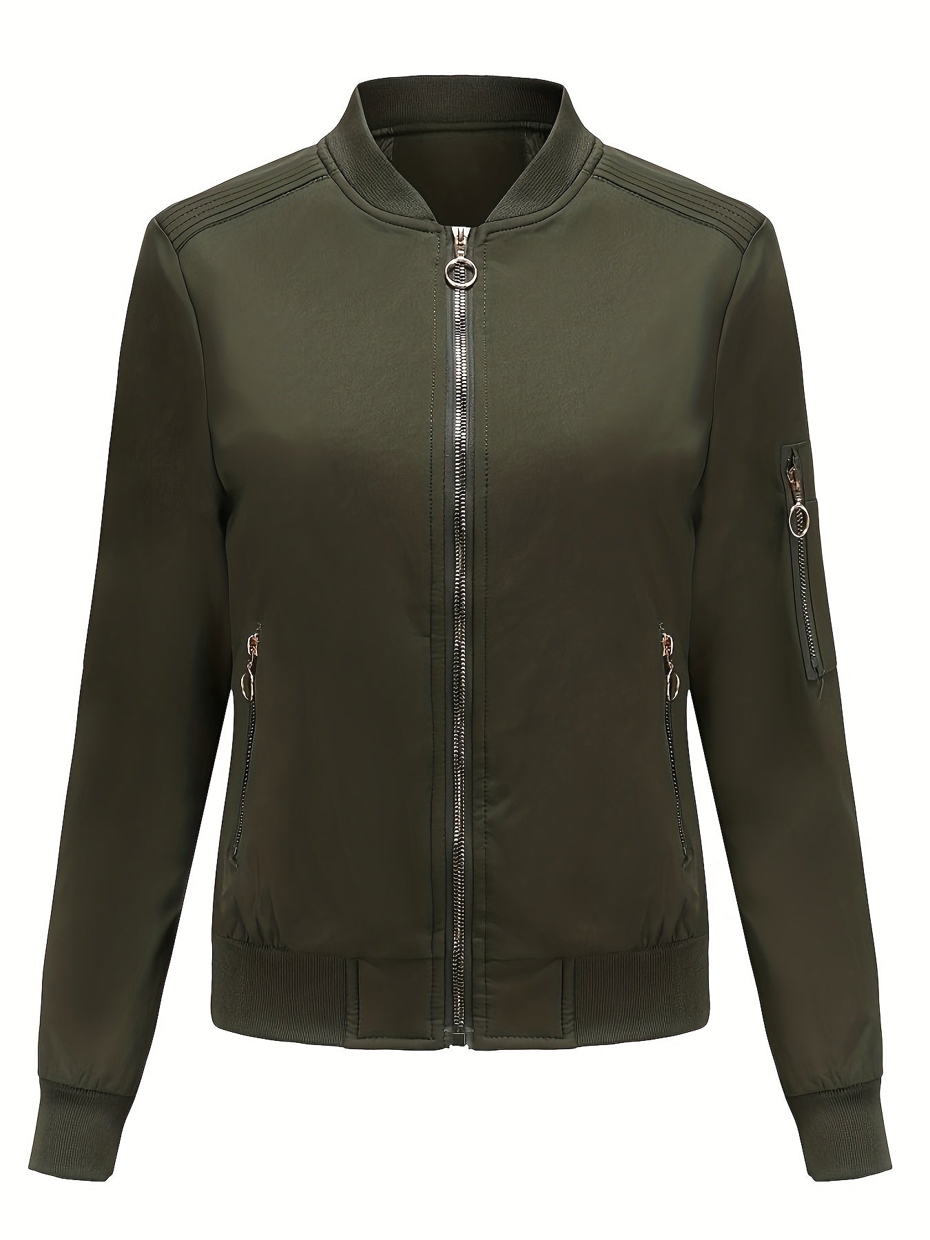 Sophie | Solid Color Polyester Bomber Jacket Featuring Baseball Collar and Zip Pockets