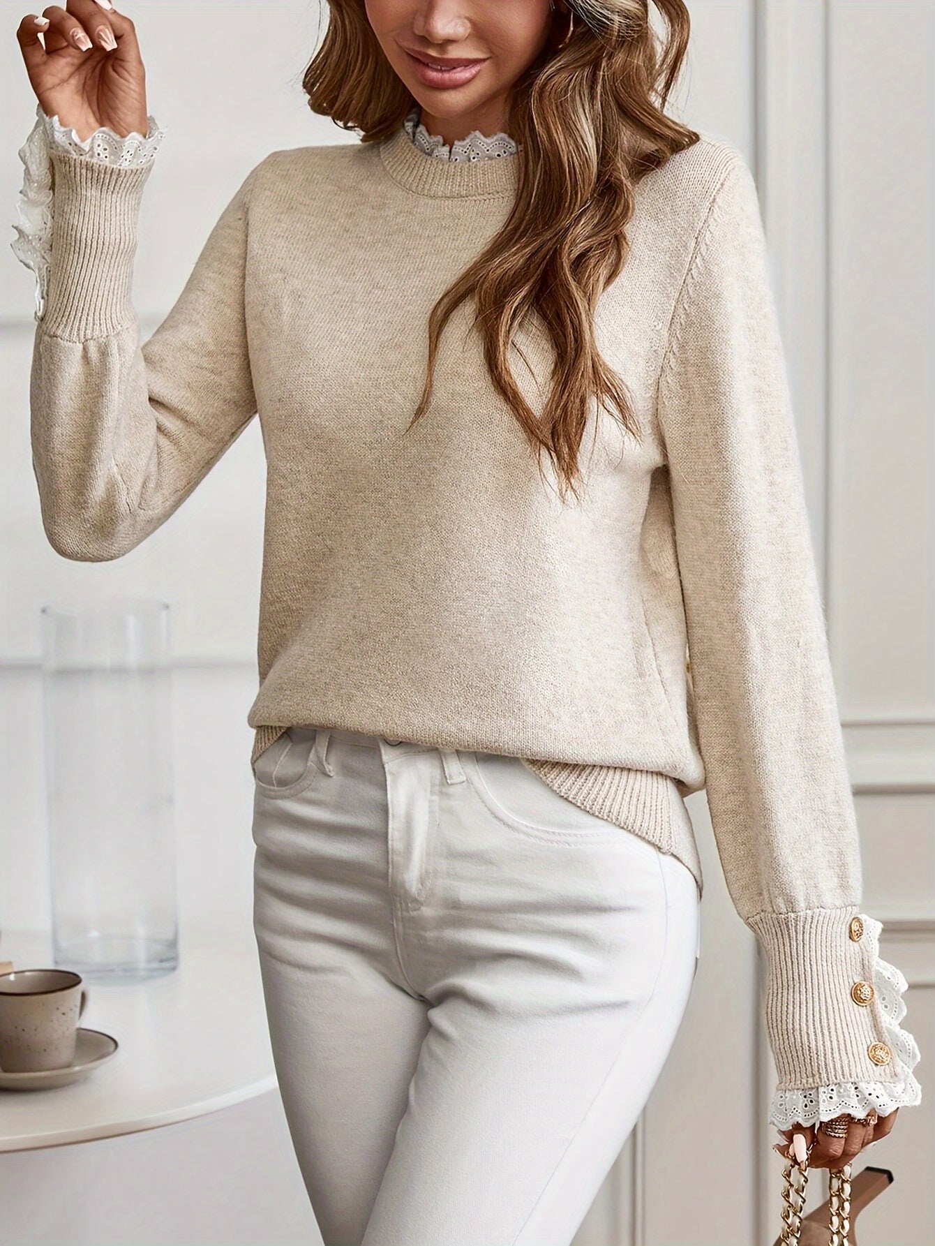 Sophie | Chic Women's Sweater with Lace Trim and Round Neck