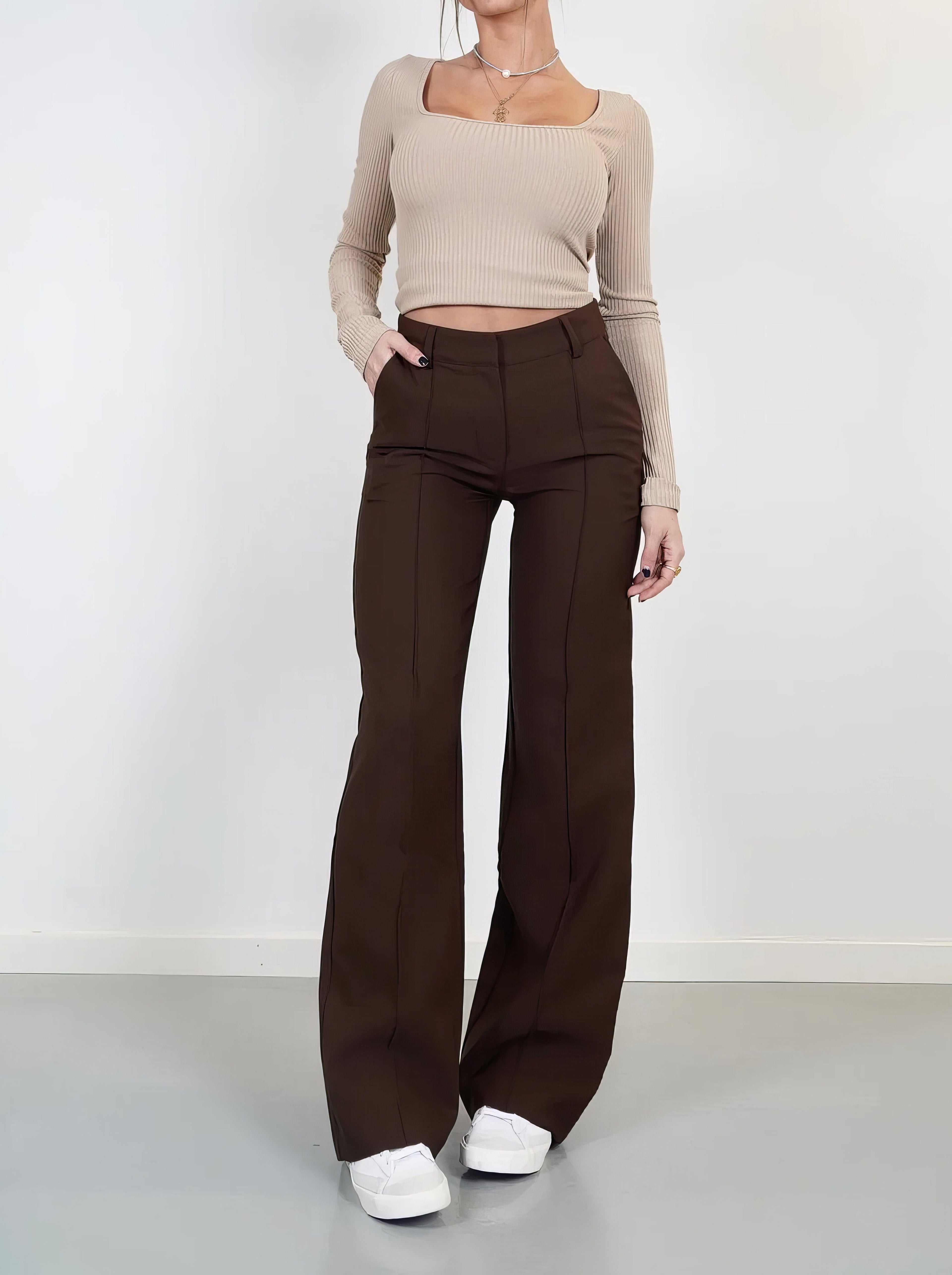 High-Waisted Wide Leg Trousers for Women with Pockets and Belt Loops