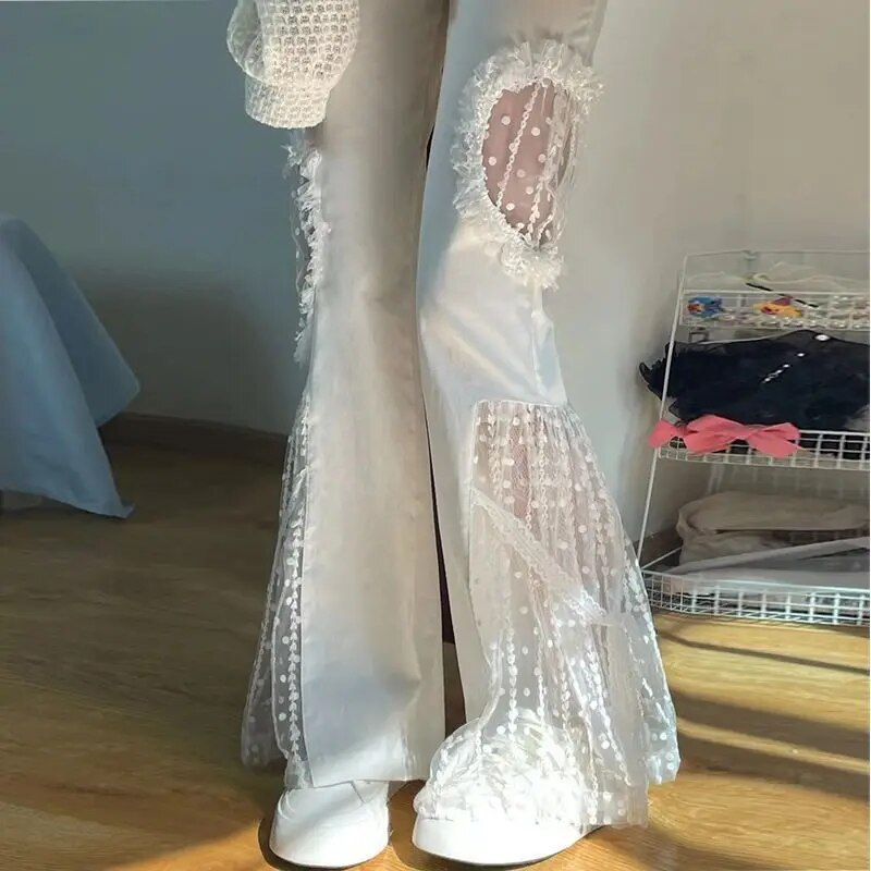 Viola High-Waisted Flared Trousers with Lace Accents