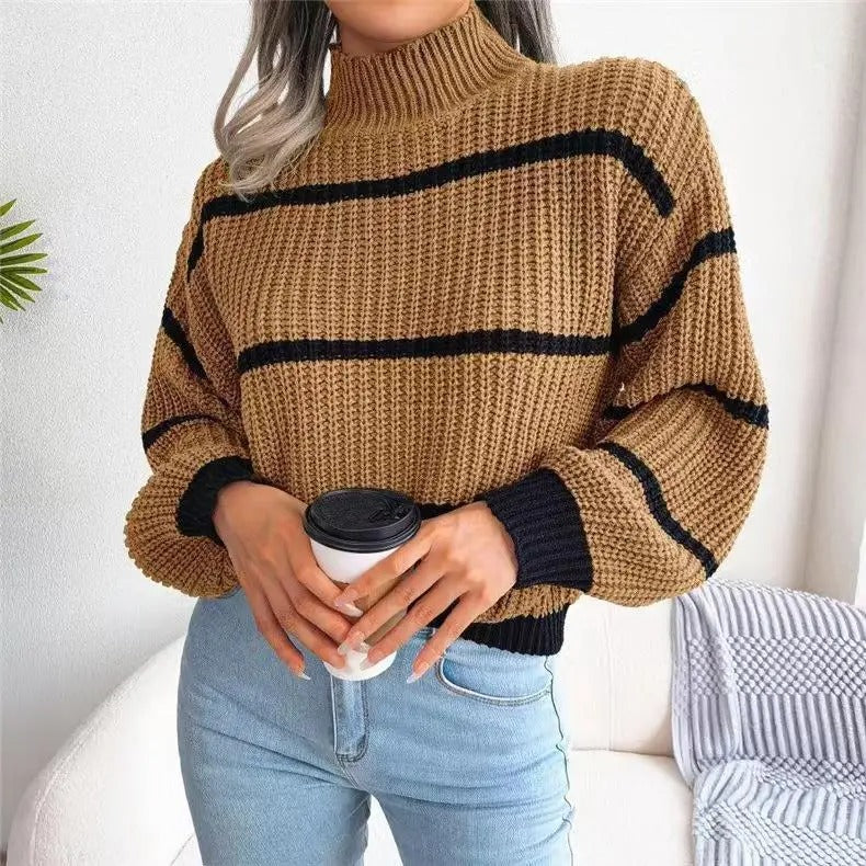 High-Neck Striped Wool Jumper for Women