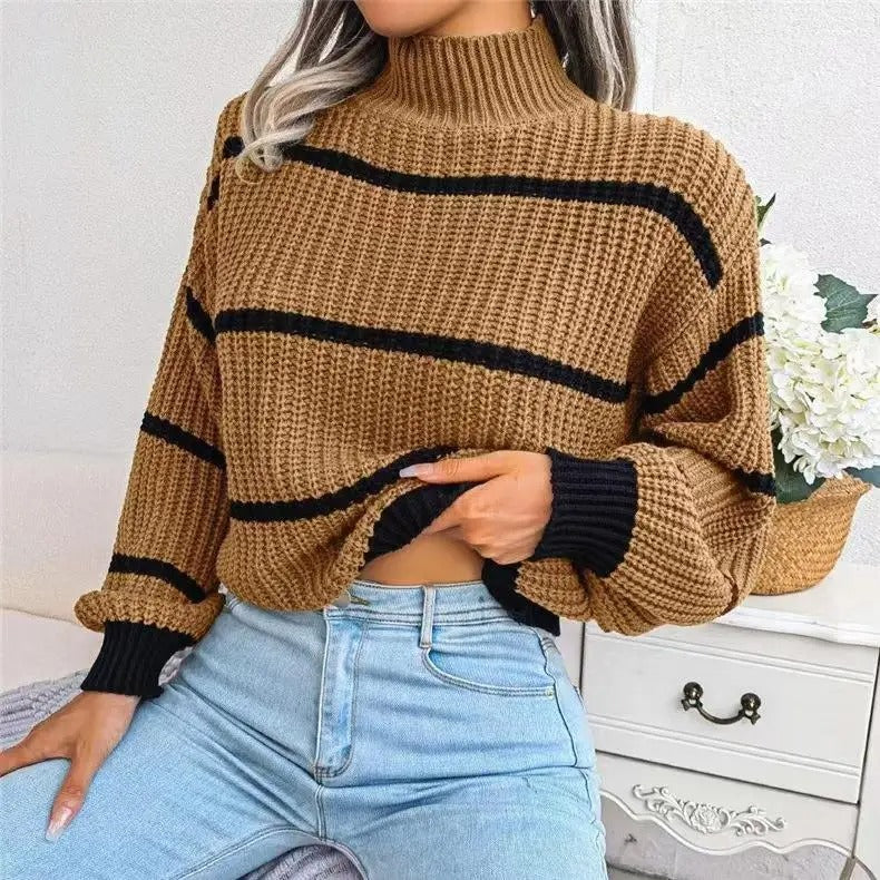 High-Neck Striped Wool Jumper for Women