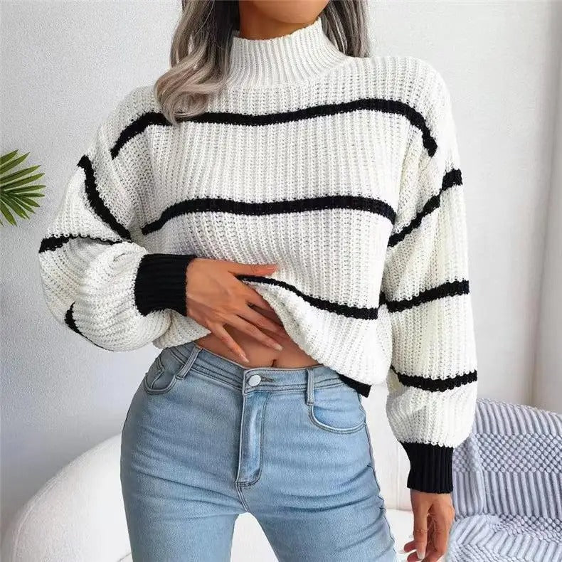 High-Neck Striped Wool Jumper for Women