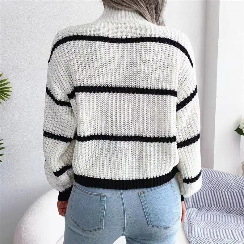 High-Neck Striped Wool Jumper for Women