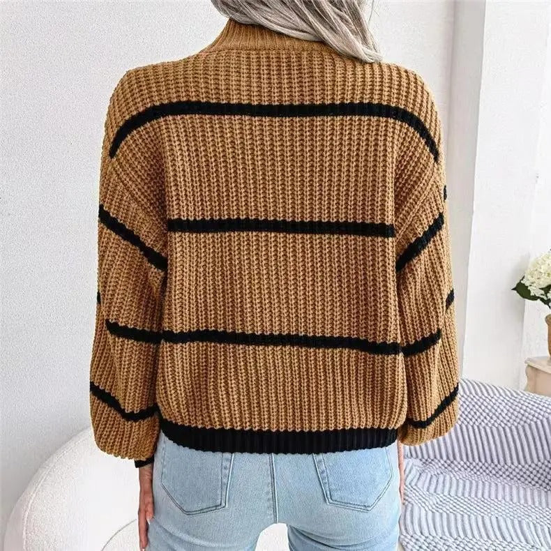 High-Neck Striped Wool Jumper for Women