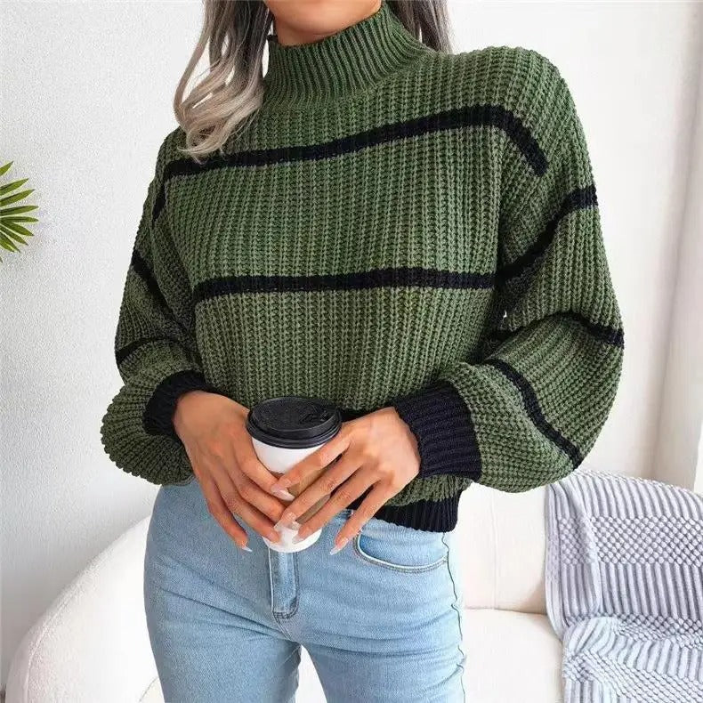 High-Neck Striped Wool Jumper for Women