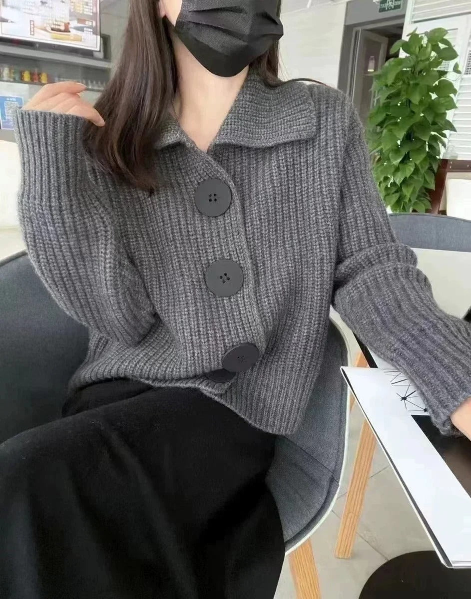 Wool-Lined Ladies' Sweater with Turn-Down Collar and Button Detail