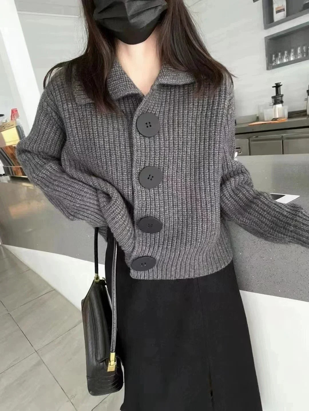 Wool-Lined Ladies' Sweater with Turn-Down Collar and Button Detail
