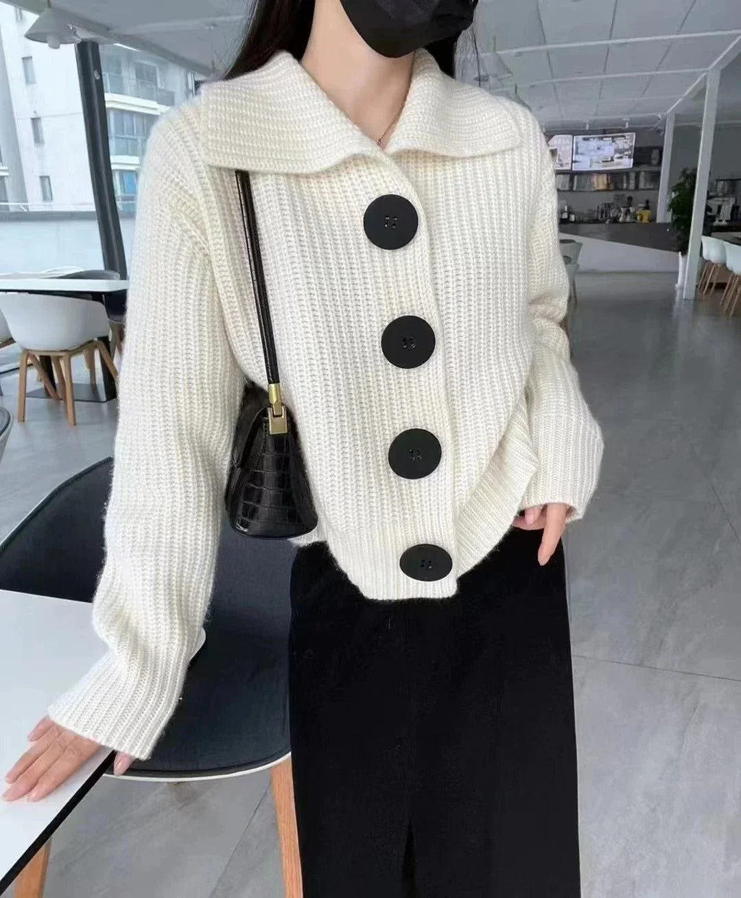 Wool-Lined Ladies' Sweater with Turn-Down Collar and Button Detail