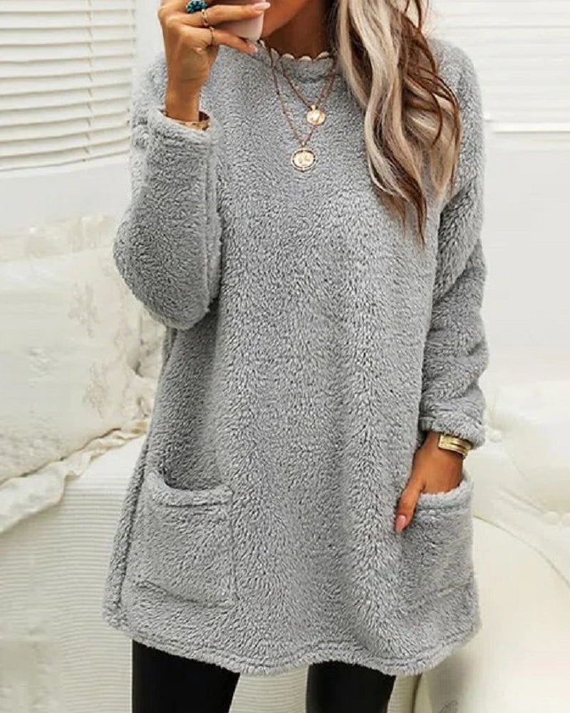 Cozy Long Fleece Winter Sweater with Pockets for Women