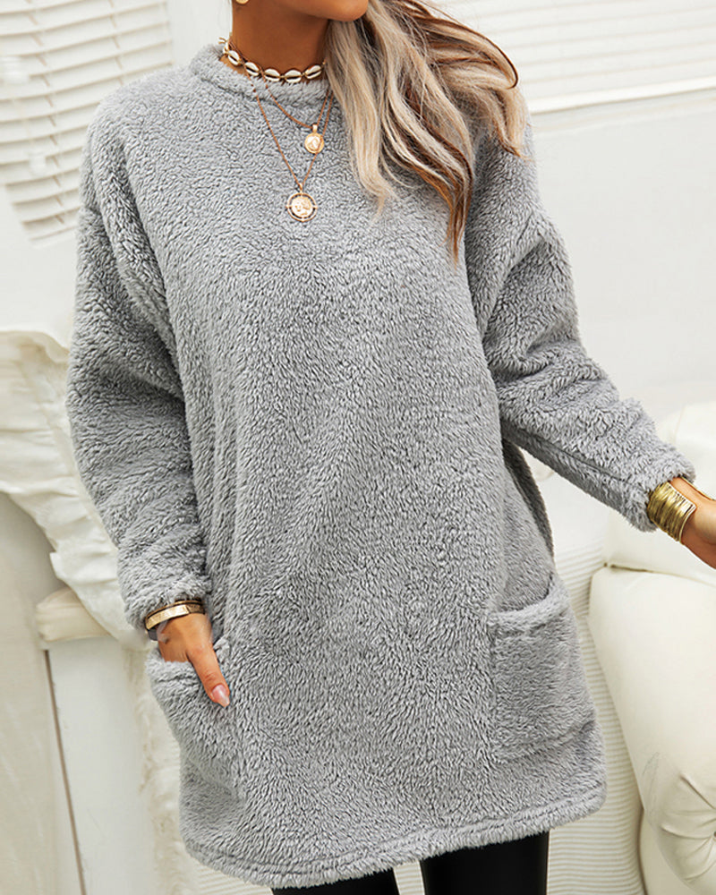 Cozy Long Fleece Winter Sweater with Pockets for Women