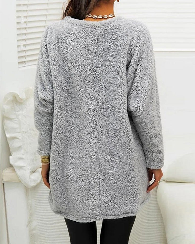 Cozy Long Fleece Winter Sweater with Pockets for Women