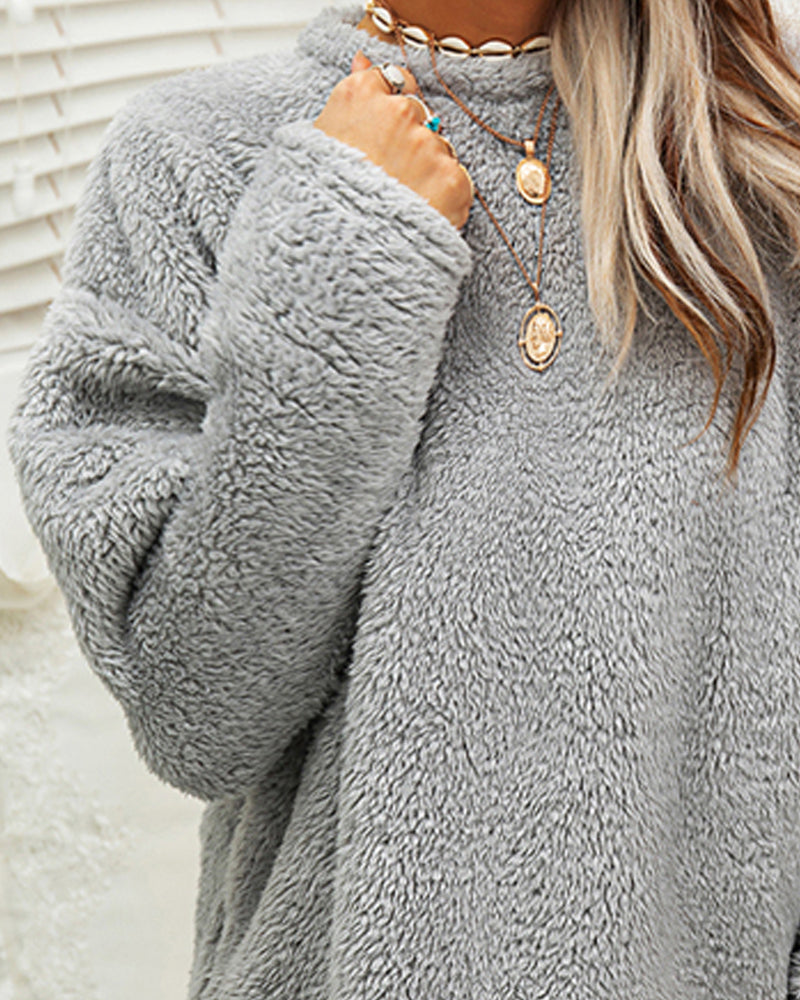 Cozy Long Fleece Winter Sweater with Pockets for Women