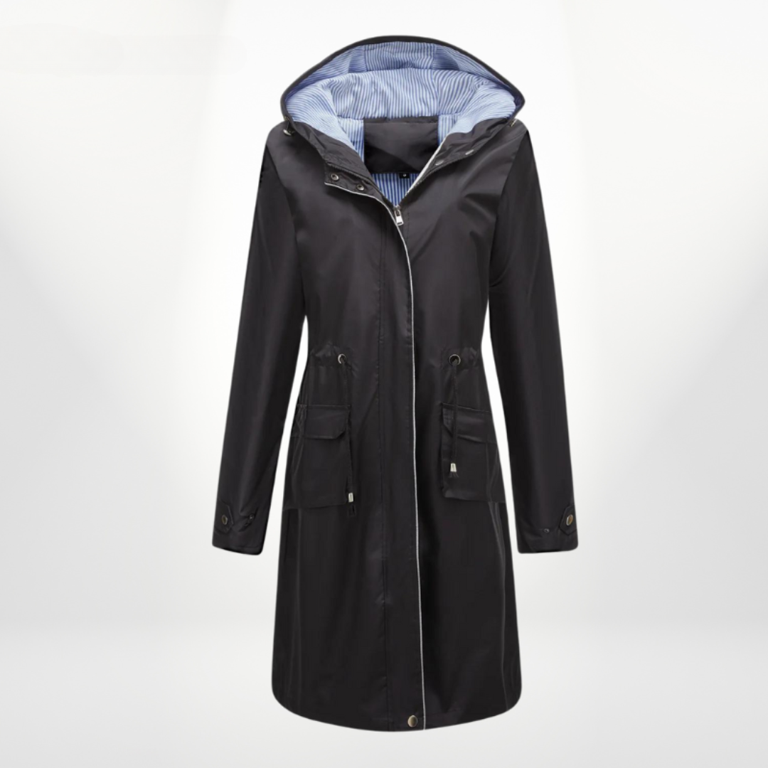 Women's Hooded Waterproof Midi Raincoat with Adjustable Waist Cord