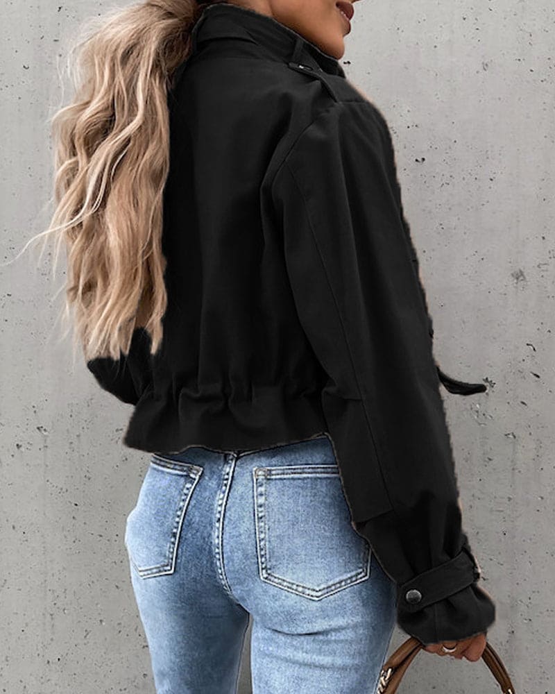 Womens Cropped Bomber Jacket with Pockets, Drawstring, and High Collar