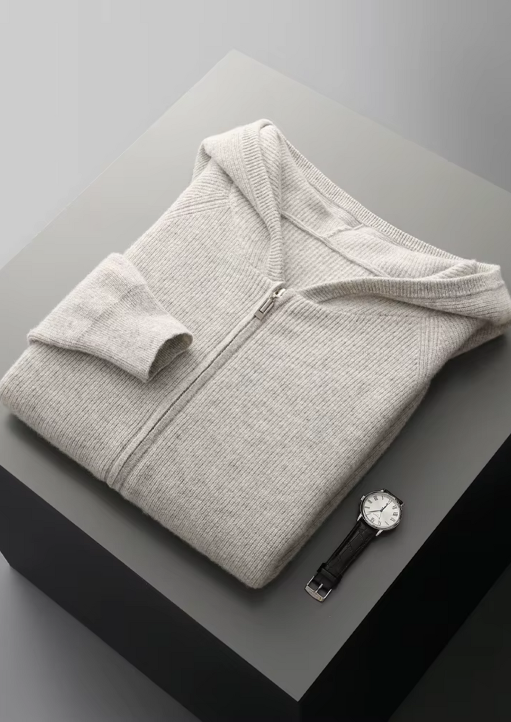Premium Extra-Fine Merino Wool Ribbed Zip-Up Hoodie