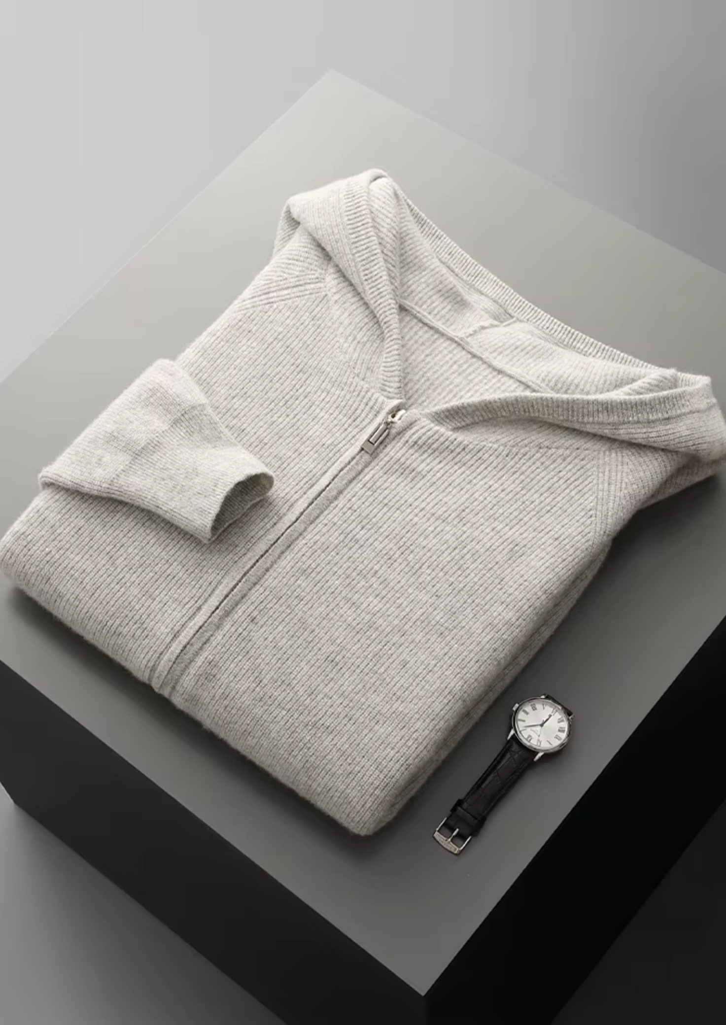 Premium Extra-Fine Merino Wool Ribbed Zip-Up Hoodie