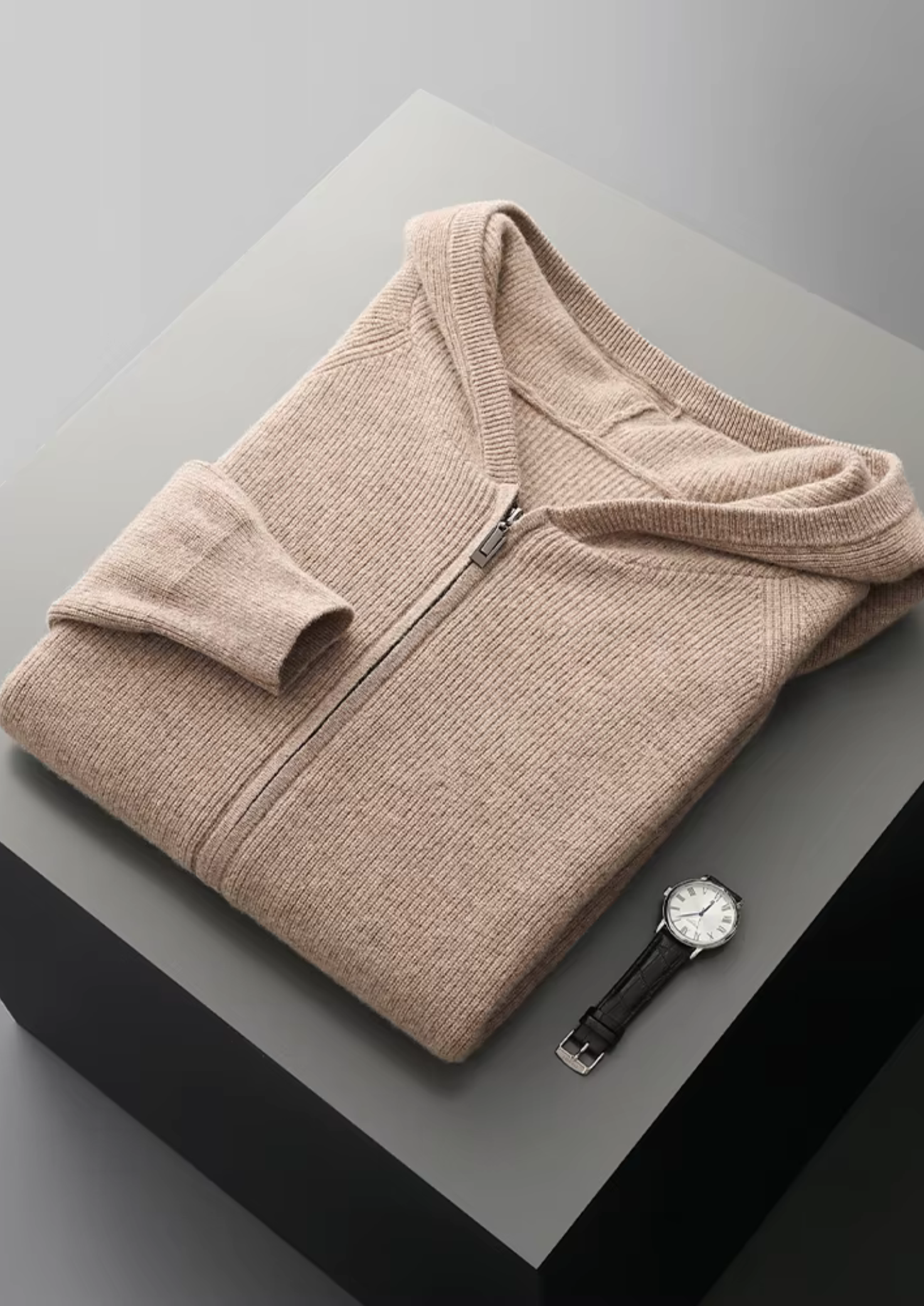 Premium Extra-Fine Merino Wool Ribbed Zip-Up Hoodie