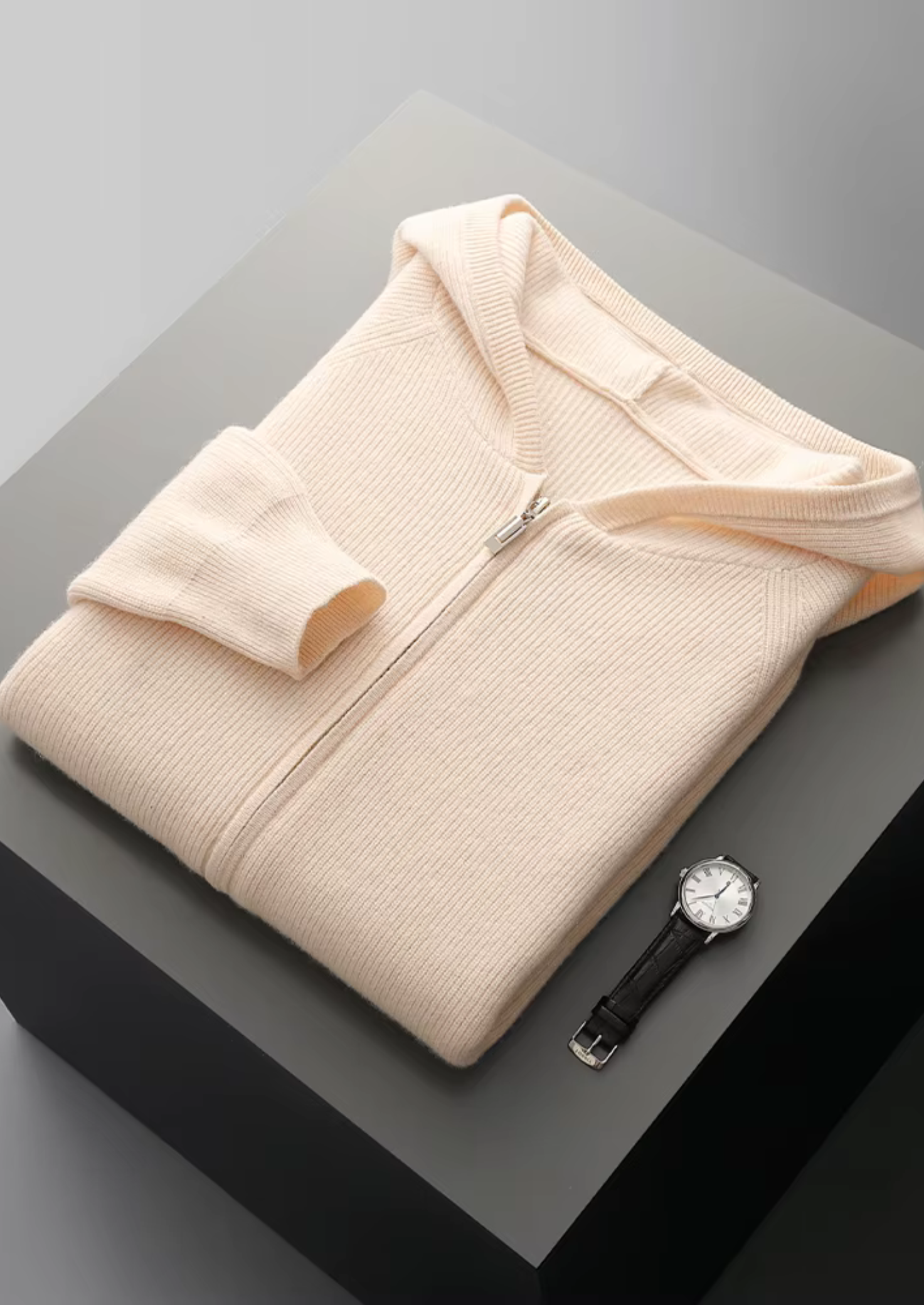 Premium Extra-Fine Merino Wool Ribbed Zip-Up Hoodie