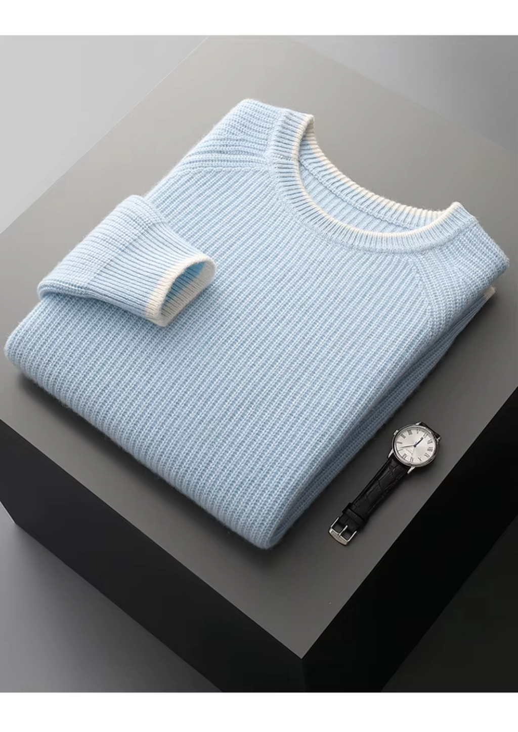 Premium Extra-Fine Merino Wool Two-Tone Crew Neck Sweater