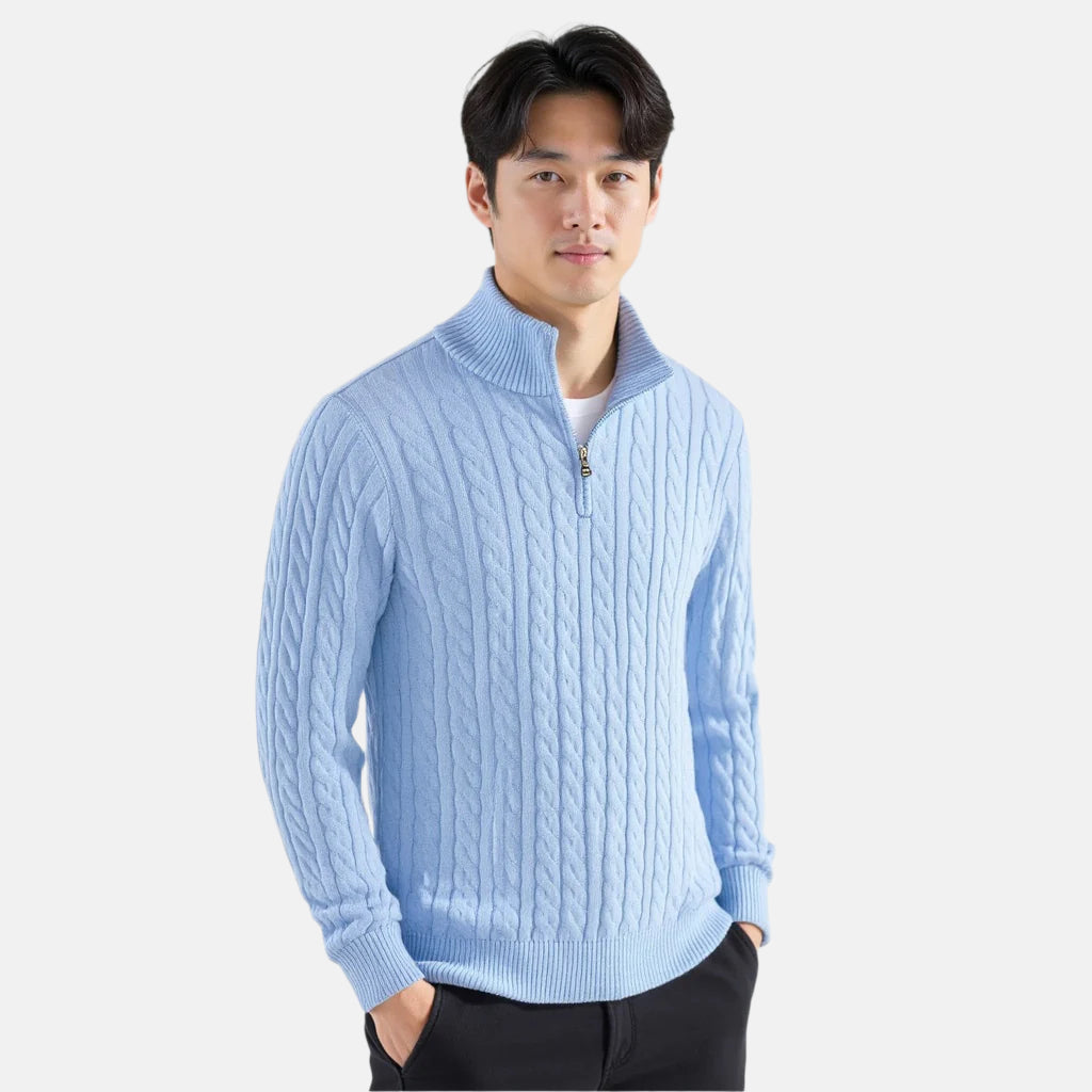 TAEBAEK Zip-Up Cable Knit Sweater