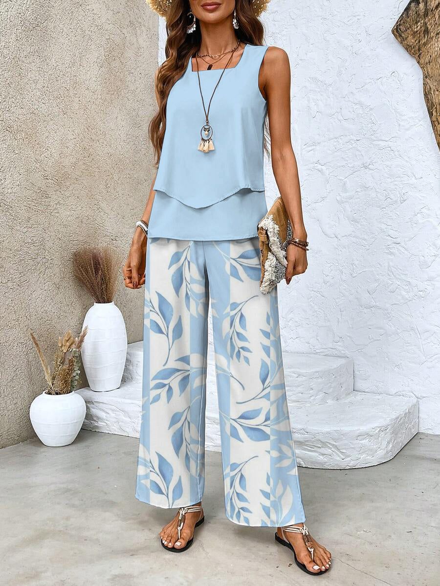 Soraya - Breezy Summer Ensemble with Leaf Print and Flowing Trousers