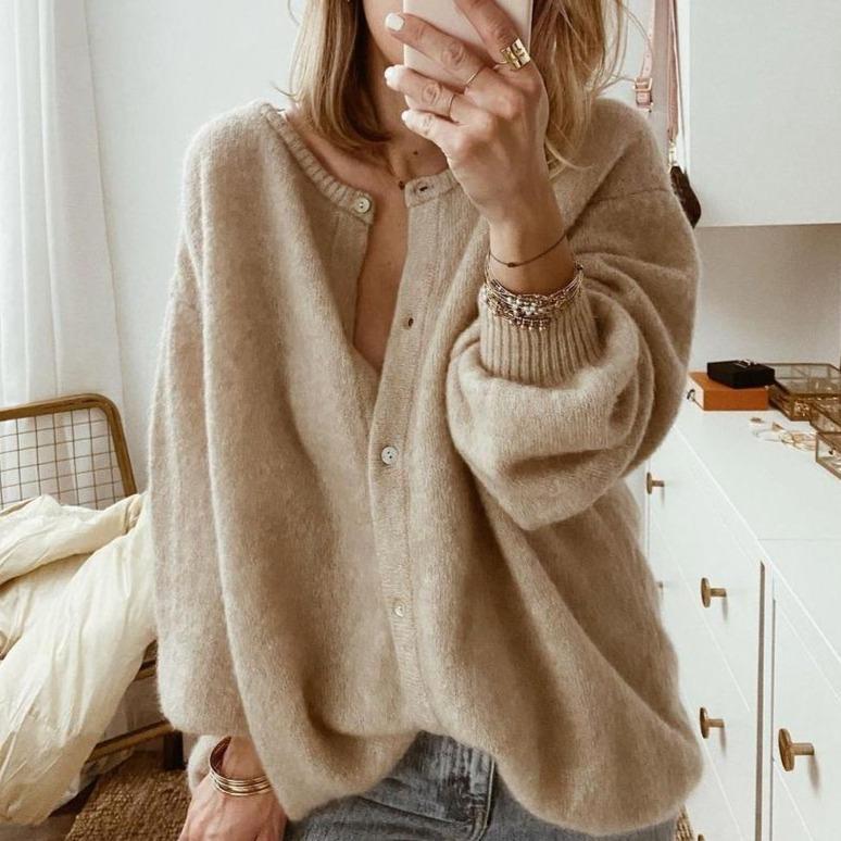 Chic Beige Oversized Cardigan for Women with Button Details and Dropped Shoulders