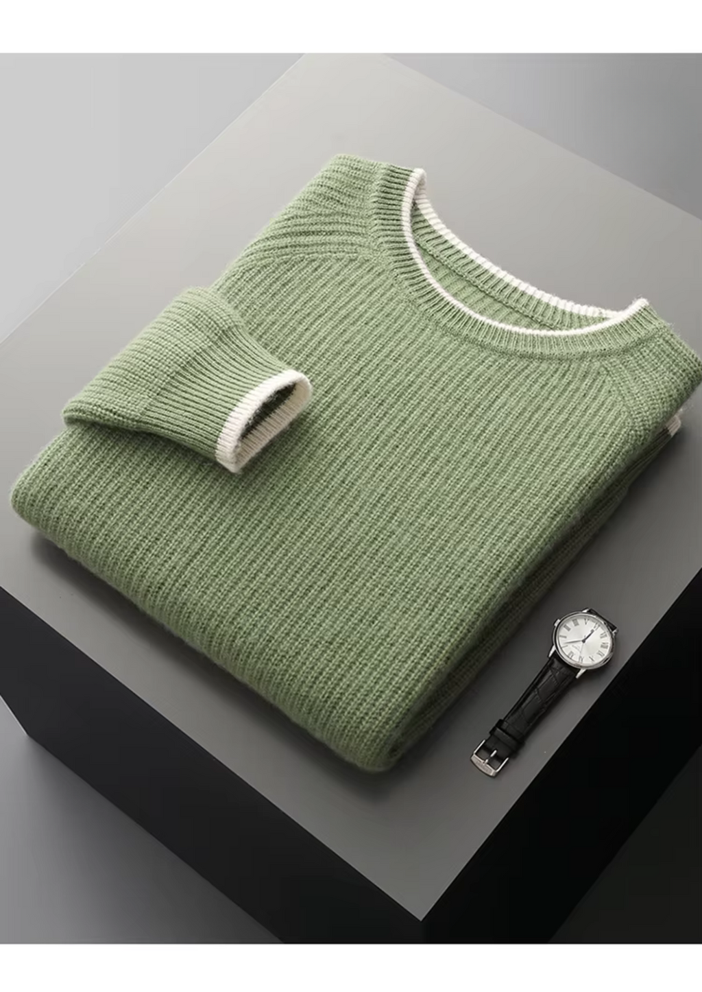 Premium Extra-Fine Merino Wool Two-Tone Crew Neck Sweater