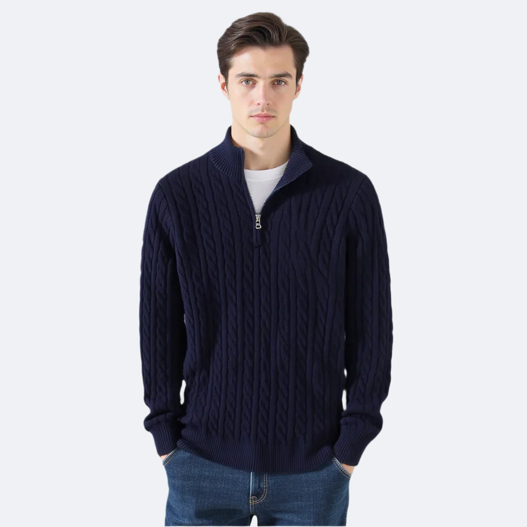 TAEBAEK Zip-Up Cable Knit Sweater