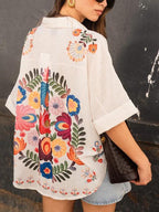 Summer Short Sleeve Floral Print Blouse for Women - White