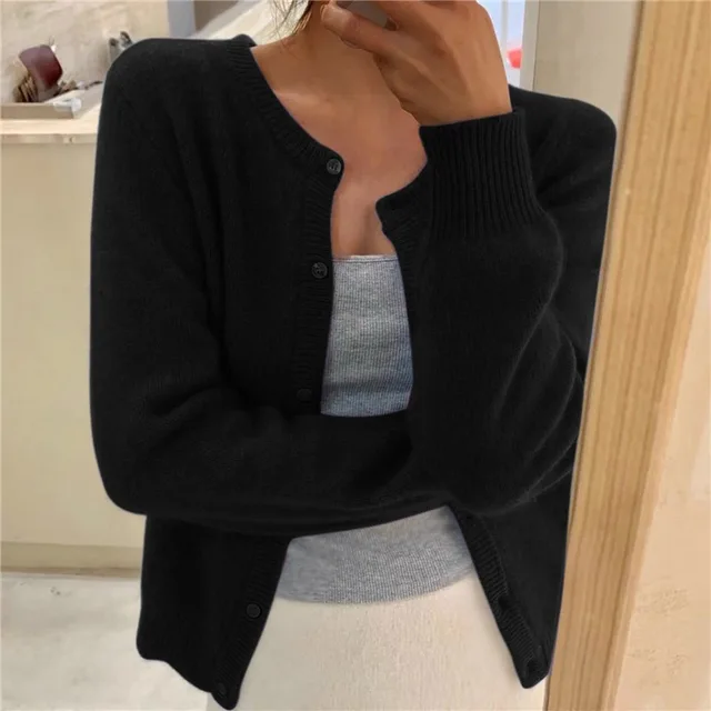 Women's Soft Knit Cardigan – Round Neck, Button Closure, Ribbed Cuffs