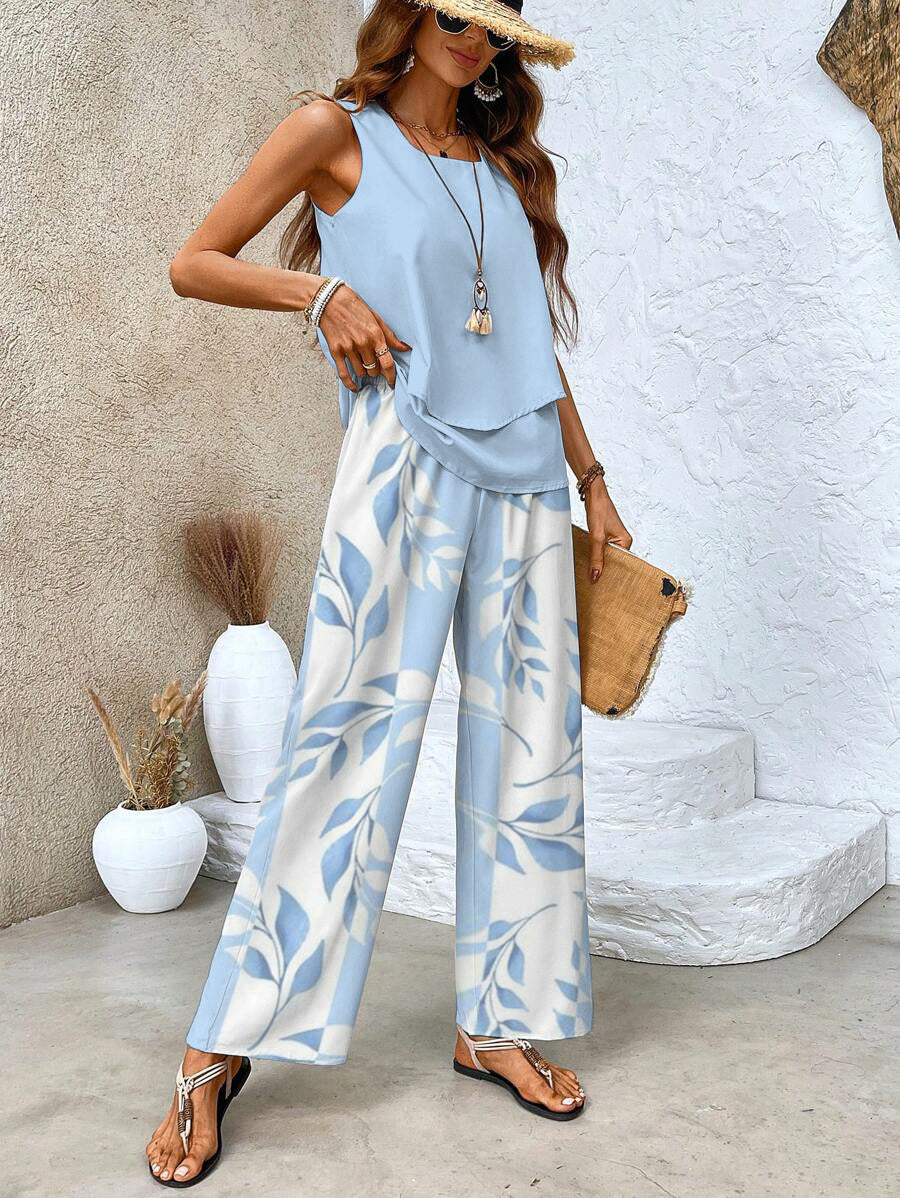 Soraya - Breezy Summer Ensemble with Leaf Print and Flowing Trousers