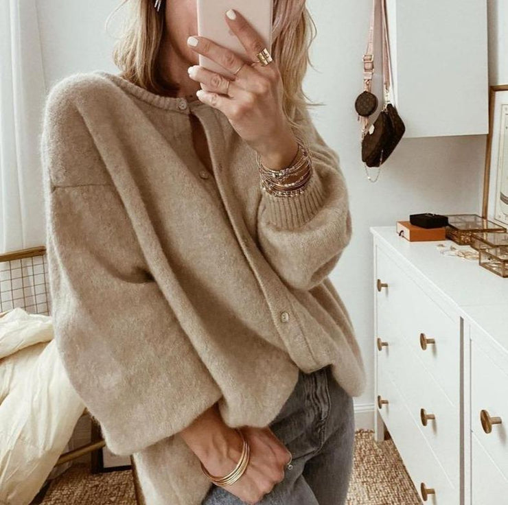 Chic Beige Oversized Cardigan for Women with Button Details and Dropped Shoulders