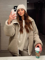 Women's Oversized Teddy Coat with Zip and High Collar for Winter