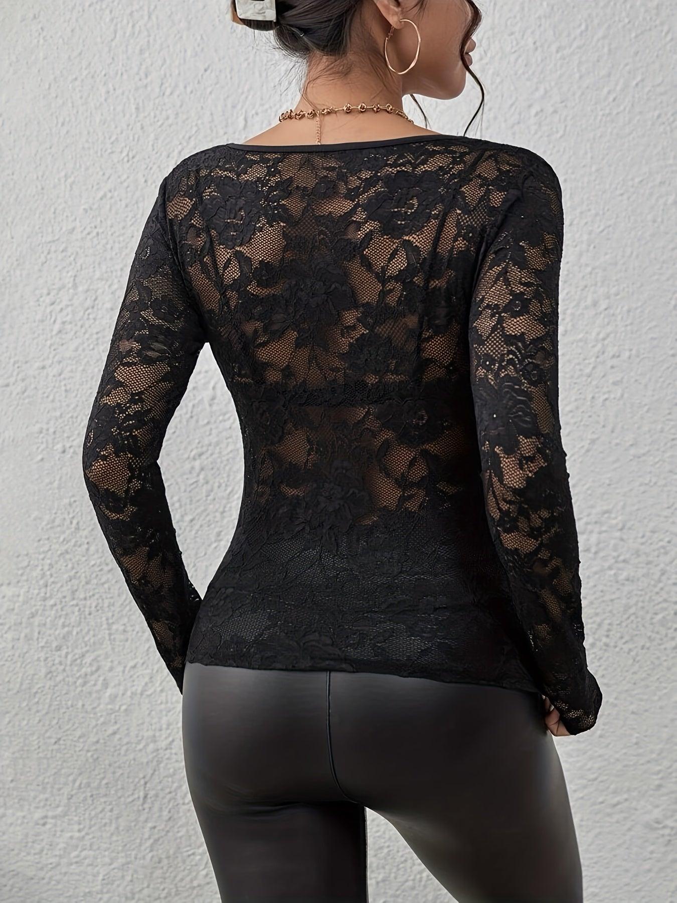 Annelot - Long Sleeve Lace Bodysuit with Deep V-Neck