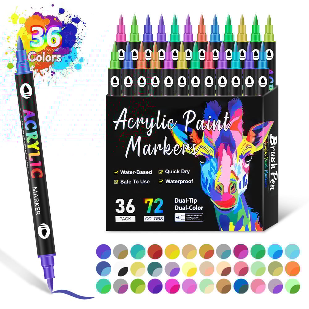 Double-Sided Acrylic Markers – 36 Markers, 72 Vivid Colors, Smudge-Free