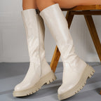 Women's White Knee-High Zip Boots with Non-Slip Sole