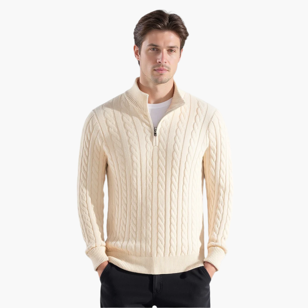 TAEBAEK Zip-Up Cable Knit Sweater
