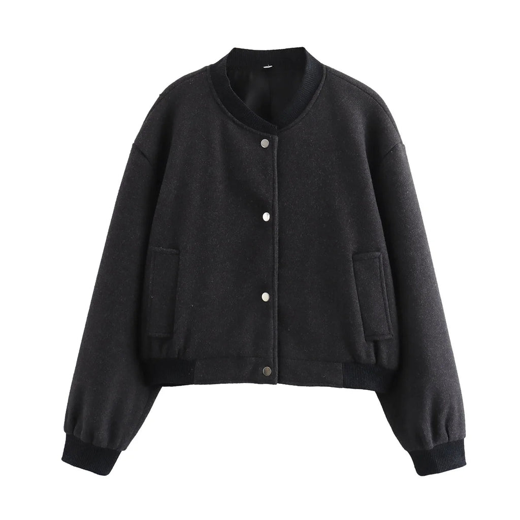 Womens Wool Blend Bomber Jacket – Button Closure & Ribbed Cuffs – Casual Chic Style
