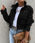 Womens Cropped Bomber Jacket with Pockets, Drawstring, and High Collar