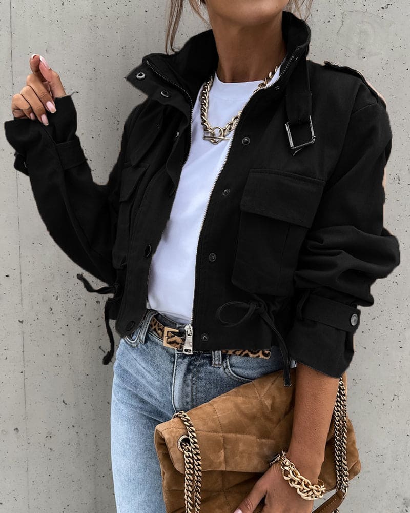 Womens Cropped Bomber Jacket with Pockets, Drawstring, and High Collar