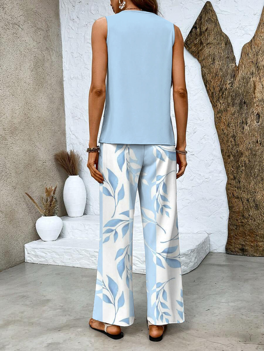 Soraya - Breezy Summer Ensemble with Leaf Print and Flowing Trousers