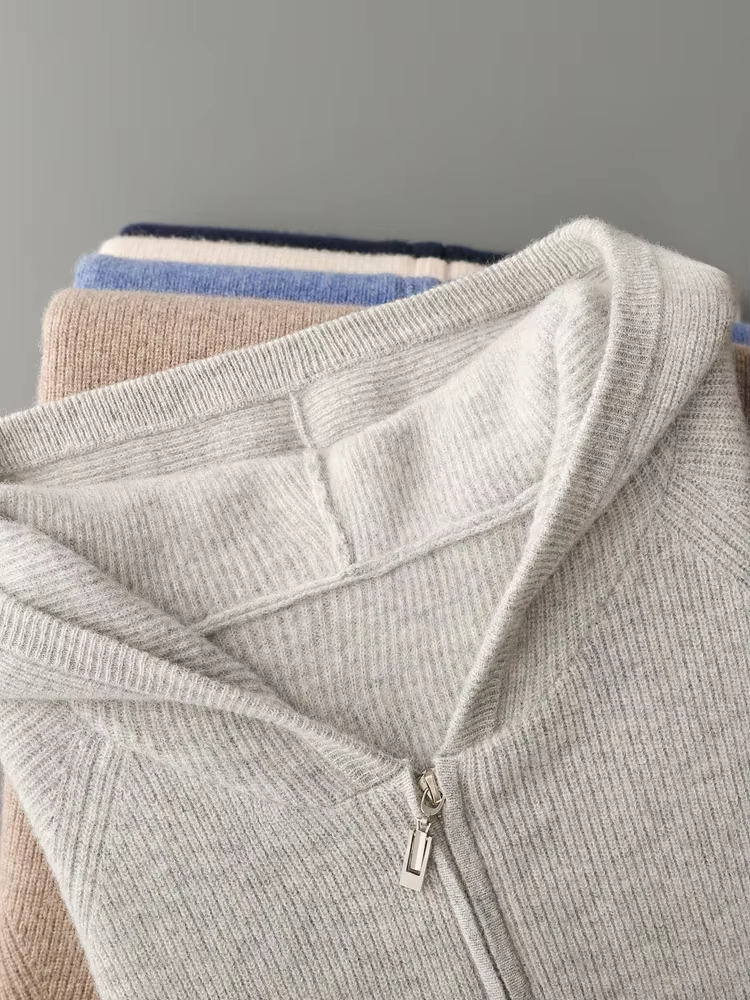 Premium Extra-Fine Merino Wool Ribbed Zip-Up Hoodie