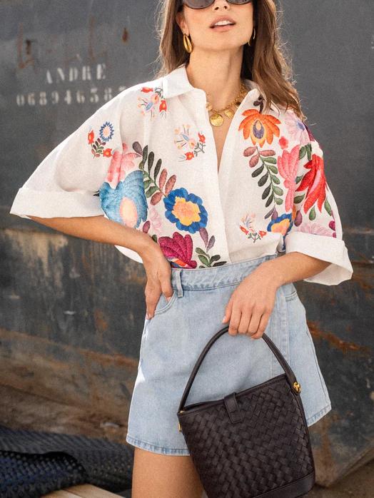 Summer Short Sleeve Floral Print Blouse for Women - White
