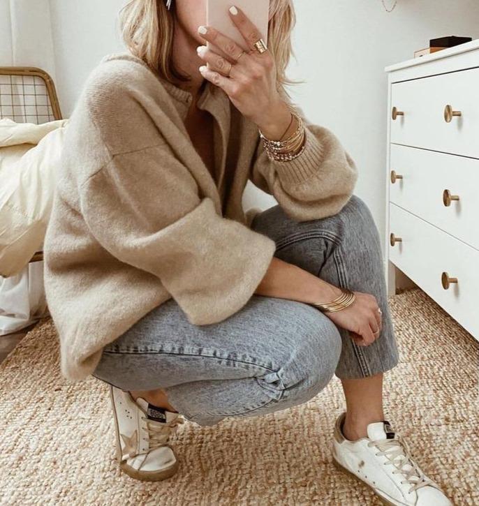 Chic Beige Oversized Cardigan for Women with Button Details and Dropped Shoulders