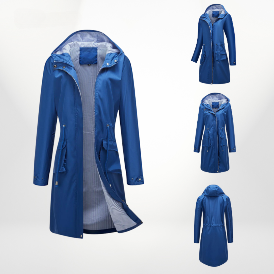 Women's Hooded Waterproof Midi Raincoat with Adjustable Waist Cord