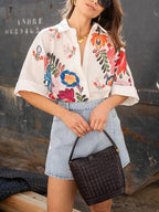 Summer Short Sleeve Floral Print Blouse for Women - White