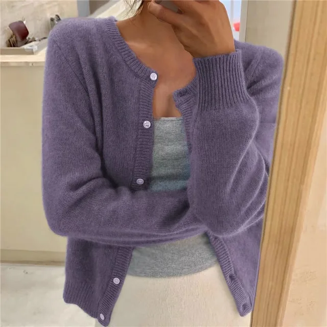 Women's Soft Knit Cardigan – Round Neck, Button Closure, Ribbed Cuffs