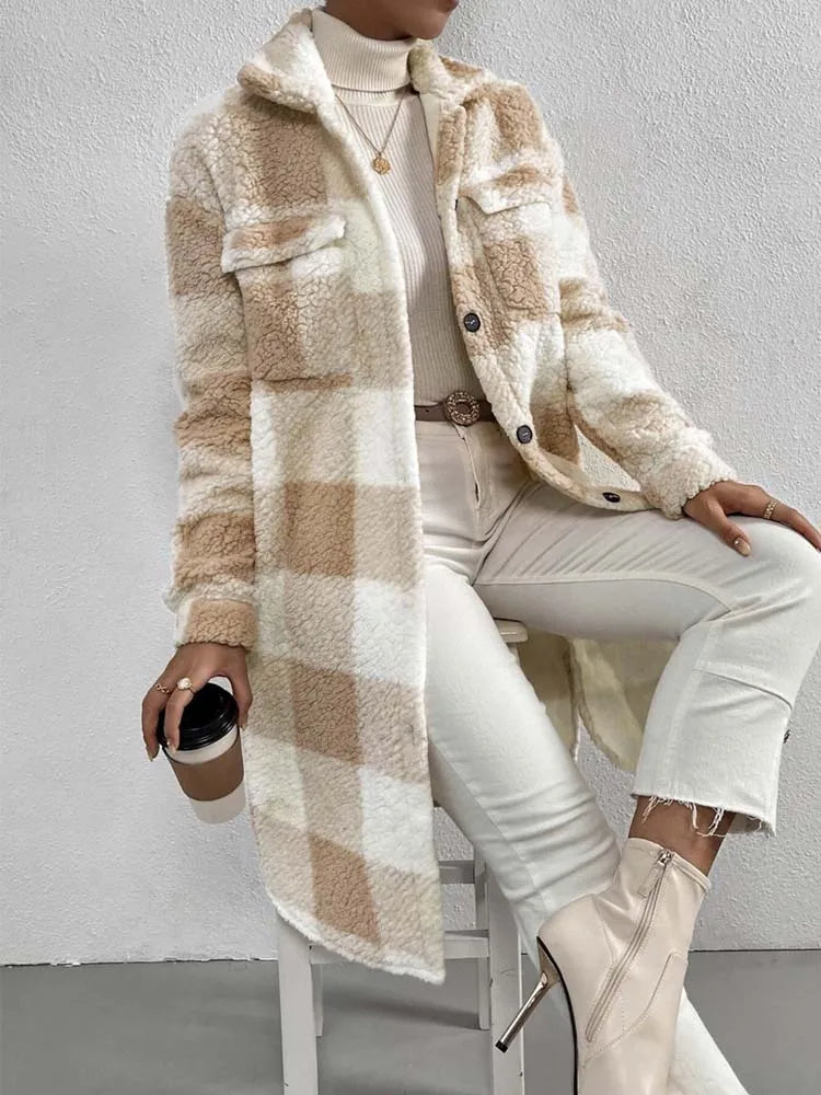 Winter-Ready Checked Midi Teddy Coat for Women with Buttons and Pockets